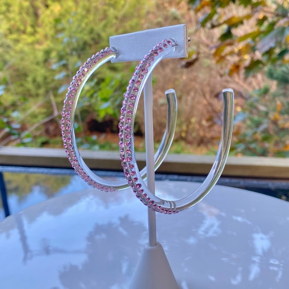 Large Oversized Clear Acrylic Hoop Earrings with Pink Swarovski Crystals - Picture 7 of 14